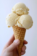 A hand holds an ice cream cone with three scoops of vanilla ice cream.