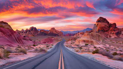 Fototapeta premium A wide-angle shot of a road through the desert at sunrise, with the sky painted in soft pinks and oranges, the empty road inviting adventure