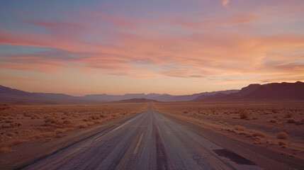 Naklejka premium A wide-angle shot of a road through the desert at sunrise, with the sky painted in soft pinks and oranges, the empty road inviting adventure