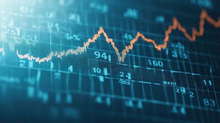 A detailed financial line graph showing market trends, with various data points and a rising arrow symbolizing growth