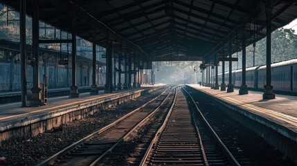 Desolate Indian Railway Station: An empty railway station in India, with long platforms, silent tracks