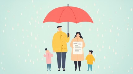 A family standing under a large, protective umbrella with a life insurance policy printed on it, life uncertainties, showing how life insurance provides protection against the unexpected