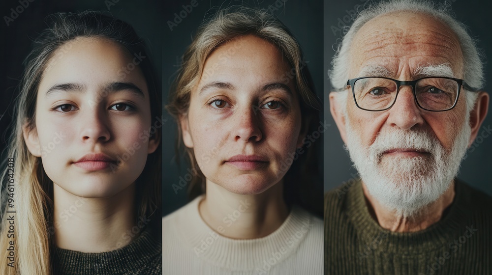 Poster three individuals of varying ages share the frame, each displaying unique expressions. the contrast 