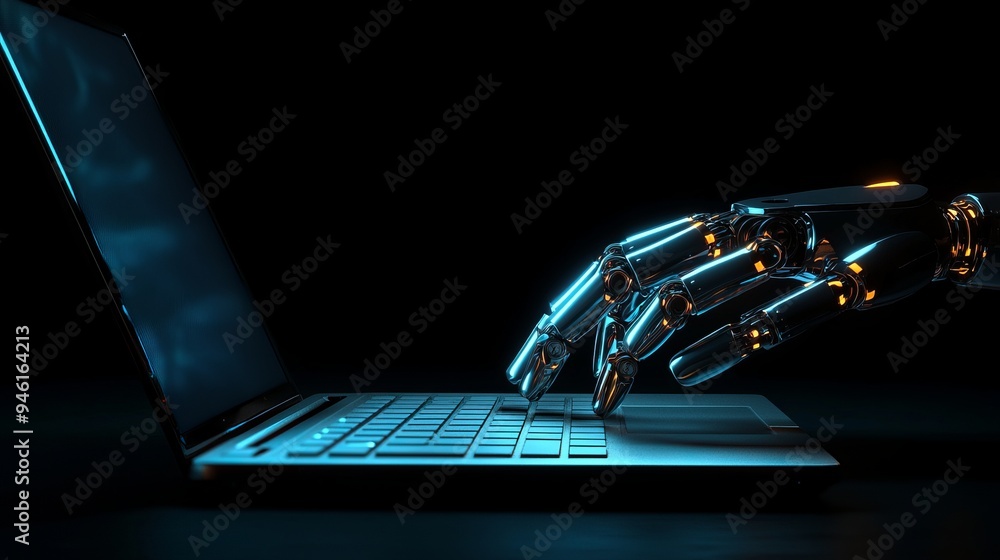 Poster robot hands point to a laptop button to activate a chatbot advisor. concept of generative stock.