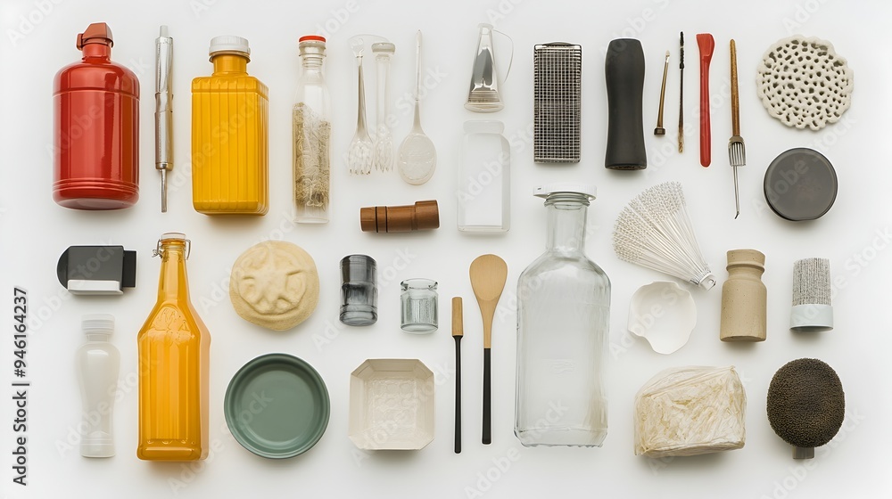 Poster an artfully arranged assortment of everyday household items against a clean white backdrop with a mi