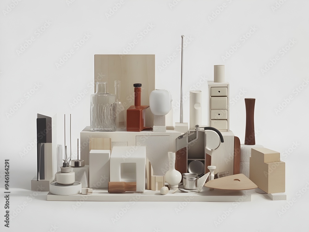 Poster an assortment of everyday household objects artfully arranged in a minimalist constructivist influen