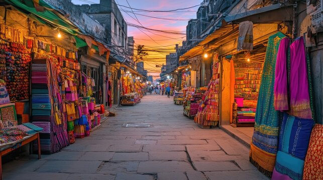 Empty Indian Bazaar at Dawn: The colorful stalls of a traditional Indian bazaar, filled with vibrant goods