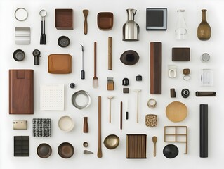 An assortment of familiar household items thoughtfully arranged on a clean minimalist white background showcasing a Constructivist art inspired design aesthetic with a focus on geometry texture