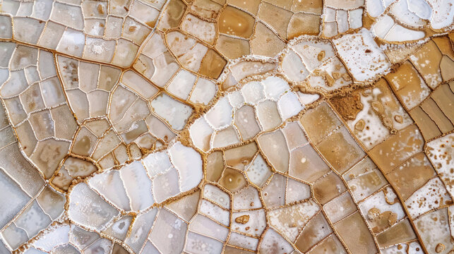 Aerial shot of a salt flat with intricate, geometric patterns formed by natural salt deposits, the white crystals contrasting against the earthy tones of the ground