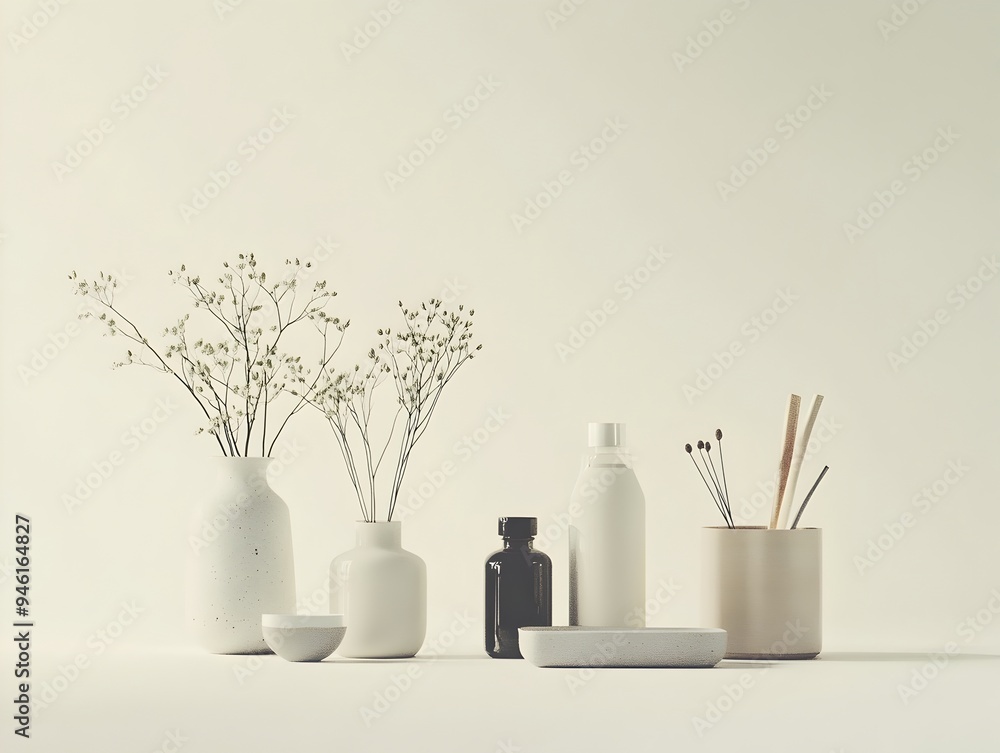 Poster an eclectic mix of familiar household items elegantly arrayed on a plain white surface showcasing a 