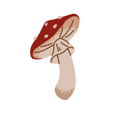 Hand drawn icon of fly agaric, amanita, toadstool. Inedible poisonous mushroom with red spotted cap. Venomous boletus, fungus. Fall forest plant. Flat isolated vector illustration on white background