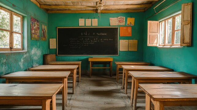 Empty Indian Classroom: A quiet classroom in a rural Indian school, with wooden desks, chalkboard, and no students present