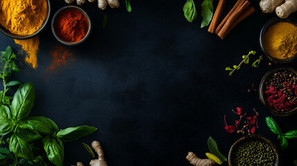 Colorful herbs and spices on a black background. copy space., Ayurvedic 