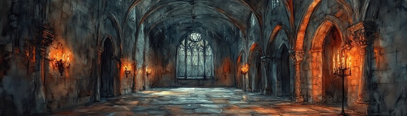 Naklejka premium Sinister gothic hall, flickering candlelight, the romance of dread, Watercolor style
