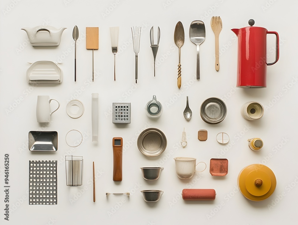 Poster artfully curated assortment of everyday household items creatively positioned on a crisp white backg