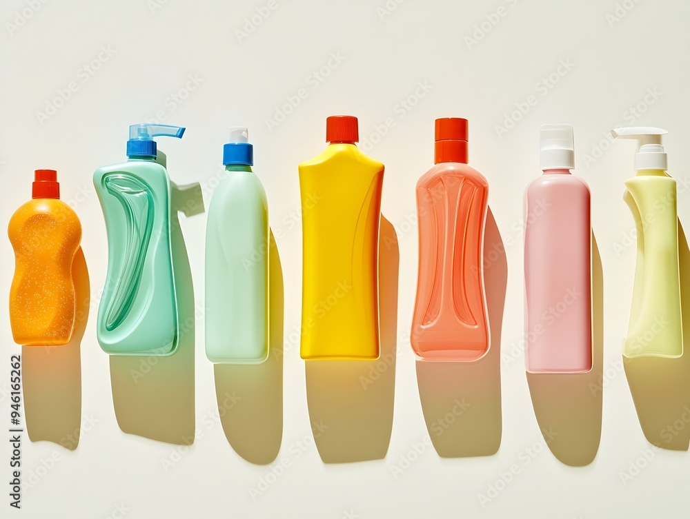 Poster artfully arranged assortment of routine household products displayed on a clean uncluttered white st