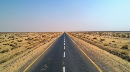 Empty Indian Desert Road: A long, empty road cutting through the barren Thar Desert, with no vehicles or people