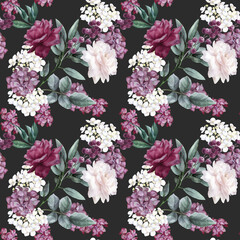 Watercolor seamless pattern with dark red roses and white peonies © WonderWonder
