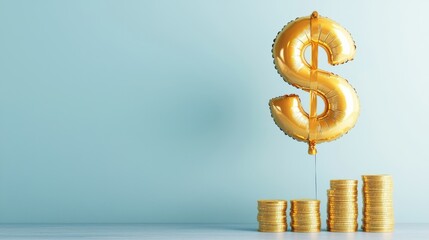 A gold dollar sign balloon being inflated by a pump, with stacks of gold coins in varying heights beside it, symbolizing the inflation and growth of financial assets