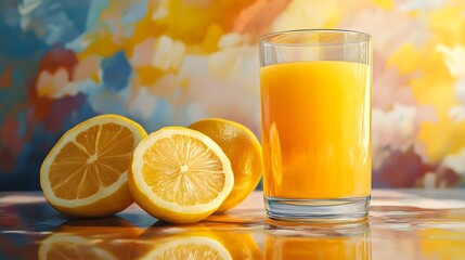 Fototapeta premium Glass of orange juice with lemon slices. generative ai illustration.