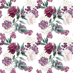 Watercolor seamless pattern with dark red roses and white peonies © WonderWonder