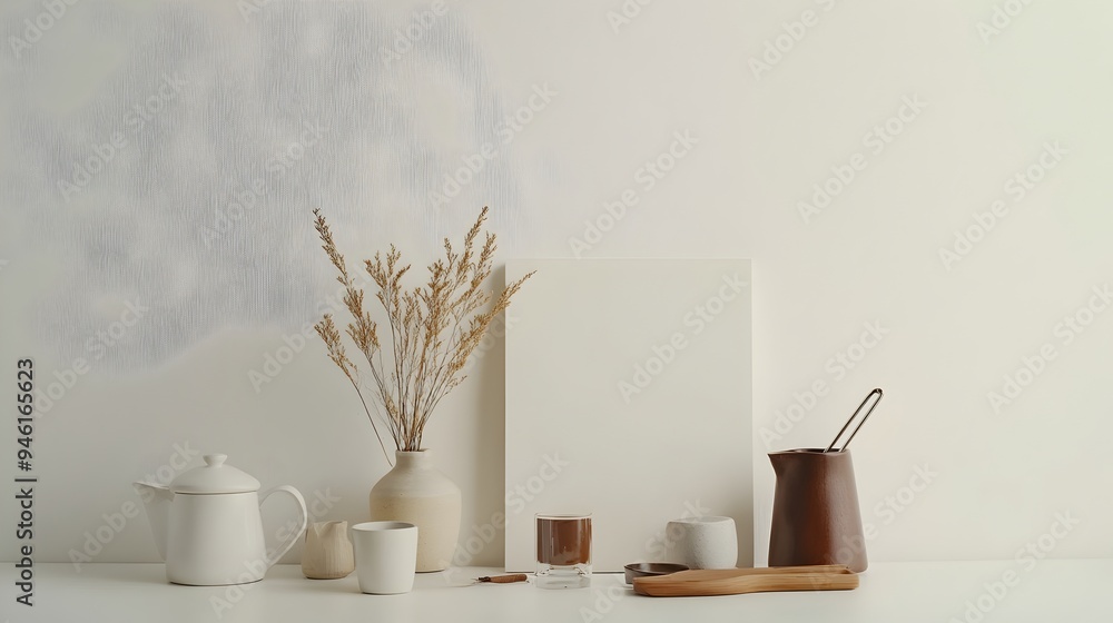 Poster Assortment of everyday household items and objects neatly and elegantly displayed on a crisp white canvas offering a simple yet contemporary and minimalist composition with muted tones and an even