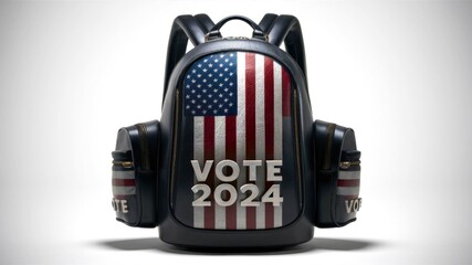 USA presidential election 2024 conveyed through a black backpack with patriotic flag colors and "Vote 2024."