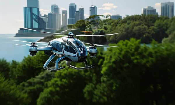 An innovative eVTOL aircraft glides gracefully above the sparkling waters of Sydney, showcasing the city's magnificent skyline and lush greenery, blending technology with nature