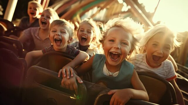 vibrant scene captures a group of children joyously riding a roller coaster at a lively carnival, their laughter and excitement filling the air amidst colorful attractions.