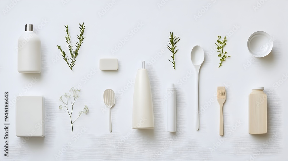 Poster beautifully arranged display of a diverse range of muted timeless household essentials thoughtfully 