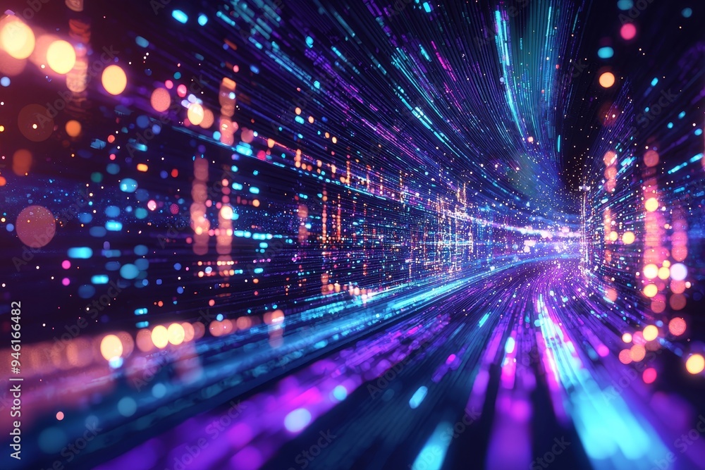 Poster animated neon blocks illustrating data flow, business analytics, and stock. this is an abstract, fut