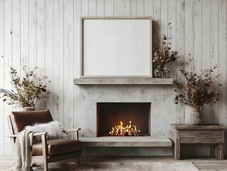 Inviting Farmhouse Sitting Area with Whitewashed Wood Paneling and Concrete Fireplace Leather