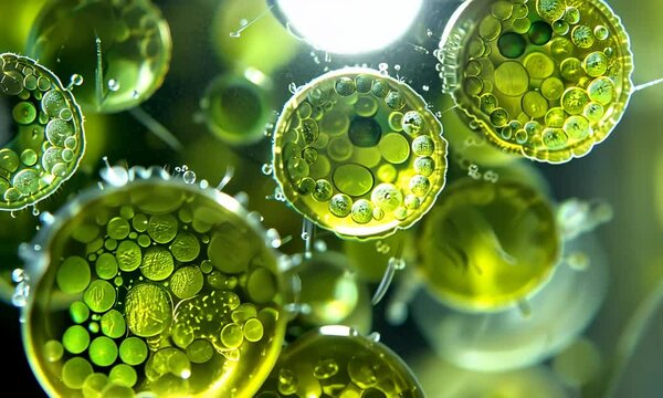 Delve into the captivating world of green algae as tiny, spherical cells are illuminated under a microscope, showcasing their intricate details and vibrant hues