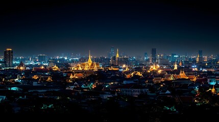 Obraz premium Bangkok Skyline at Night with Golden Temple. generative ai illustration.