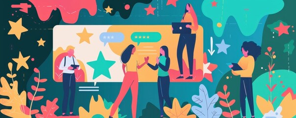 Colorful illustration of people engaged in teamwork and collaboration with vibrant background elements.