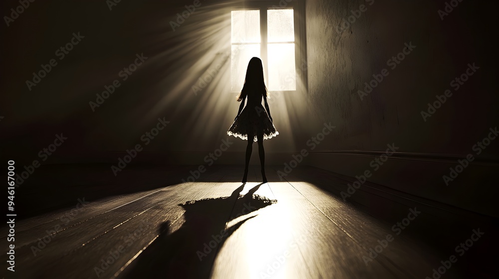 Poster a conceptual and artful image of a doll in a dark mysterious room with captivating light streaming t