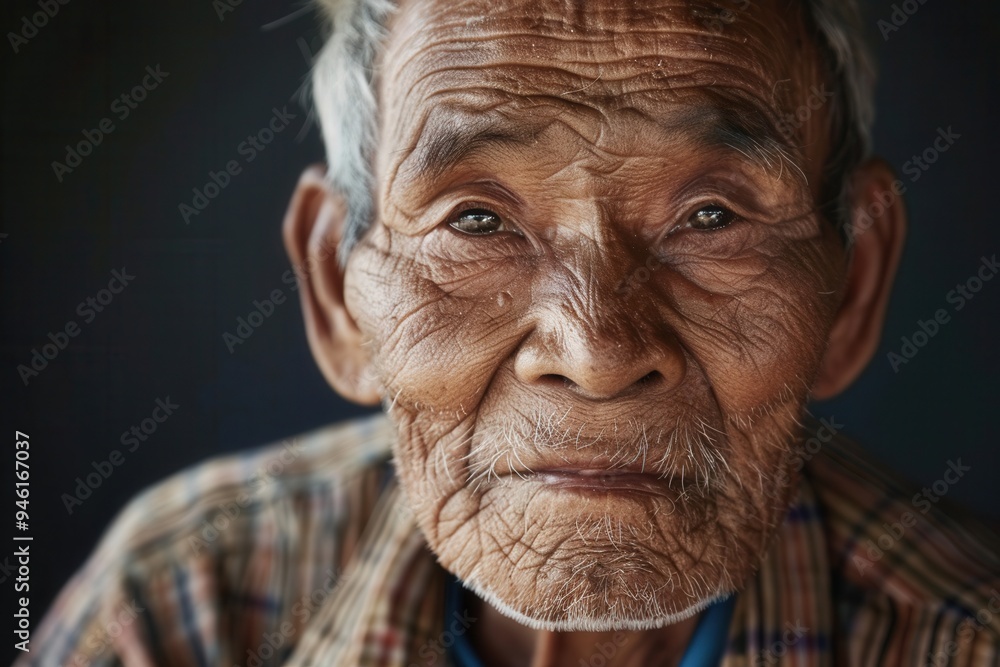 Poster An elderly man from different ethnic groups displays a serene expression, reflecting a lifetime of wisdom and calmness in his deep-set features. Generative AI