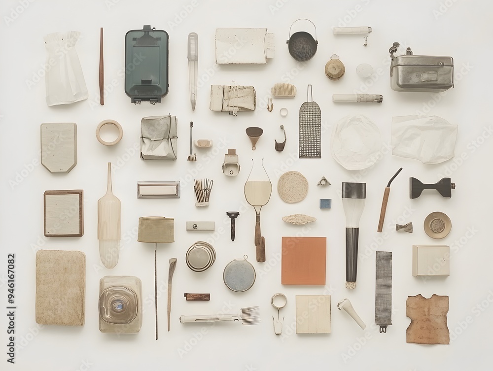 Poster carefully arranged assortment of familiar household items on a plain white background with a constru