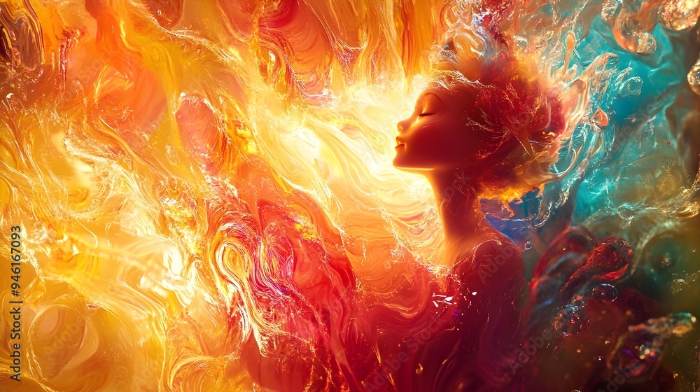 Poster a conceptual and surreal image depicting a doll melting into a pool of vibrant liquid light with abs