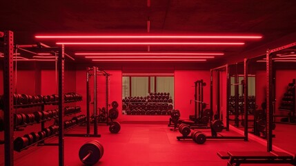 A weightlifting room with weightlifting equipment and red lighting.