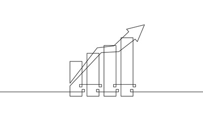 One continuous line drawing of graph with increasing arrow up. Illustration vector of Business growth. Single line art of bar chart