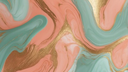 Fototapeta premium Pastel Marble Gold Glitter Swirls in Soft Coral and Mint Green.