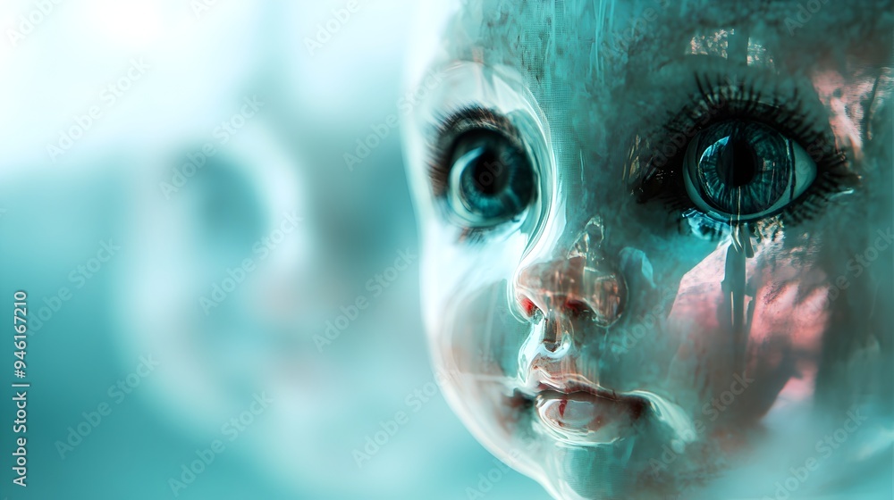 Poster a conceptual and surreal image depicting a doll whose glassy eyes reflect an alternate dimensional w