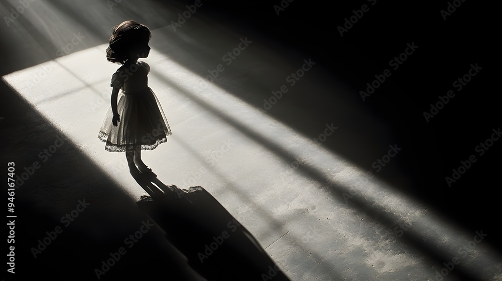 Poster a conceptual surreal image of a doll figure casting intricate elongated shadows in a dark minimalist