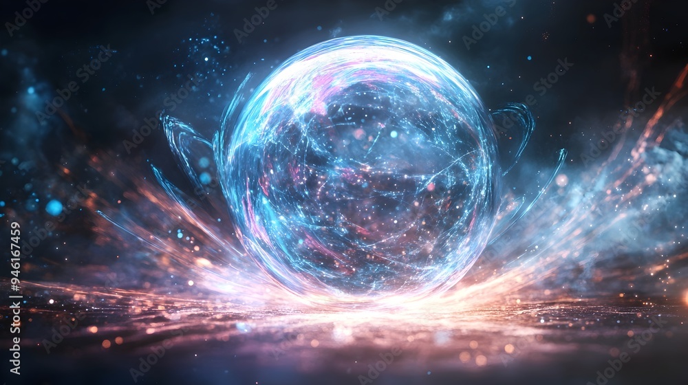 Poster an conceptual image depicting a crystal ball dissolving into shimmering particles with mesmerizing l