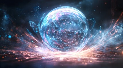 An conceptual image depicting a crystal ball dissolving into shimmering particles with mesmerizing light swirls and gradients surrounding the ethereal transcendent scene