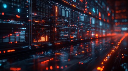 The holographic exchange platform showcases dynamic data streams and interactive elements illuminated by colorful lights, creating an engaging environment.