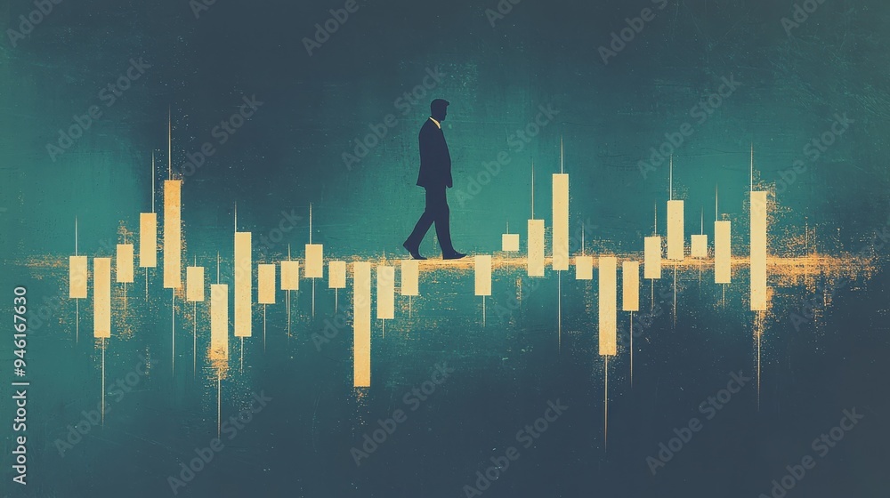 Poster a man walking on a fluctuating line graph, symbolizing navigating financial volatility