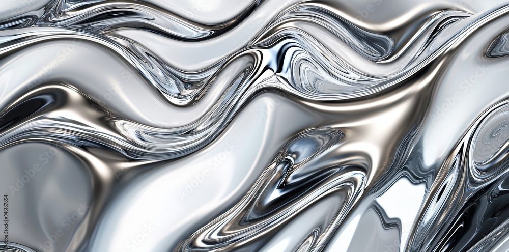 Poster liquid shiny metal texture with highlights and shimmers in silver gray colour. backdrop for web prom