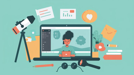 A teacher creating content for an educational social media account, with a laptop showing editing software, surrounded by notes and a camera